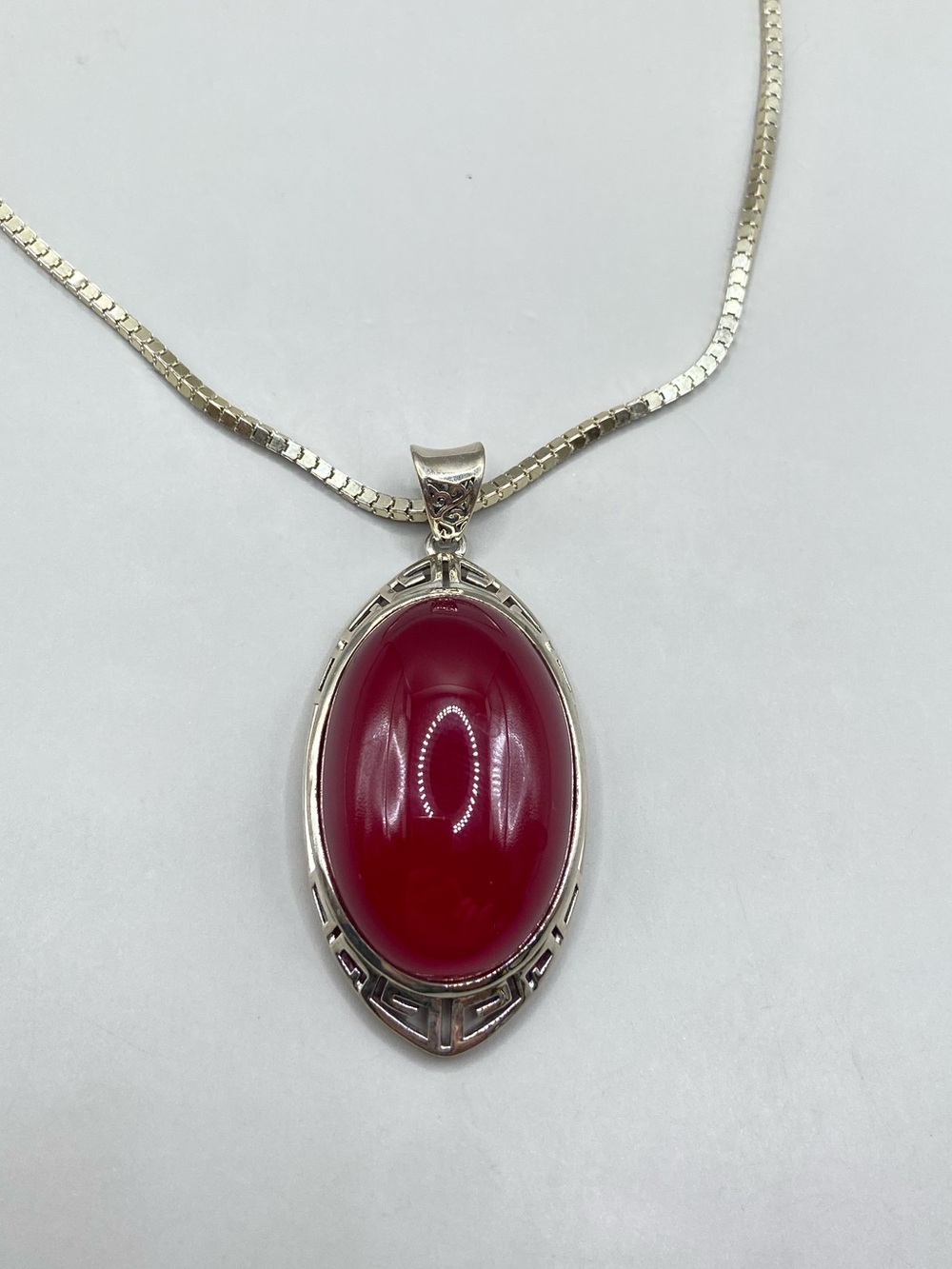 Vintage Sterling Silver Red Glass Cabochon Large Statement Pendant Necklace
